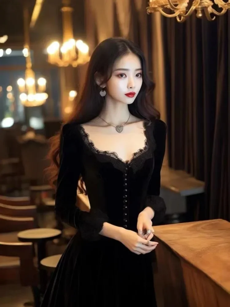 Black Elegant Evening Party Midi Dress Women Bubble Sleeve France Vintage Dress Female Ball Gown Designer Chic Dress Winter 2024