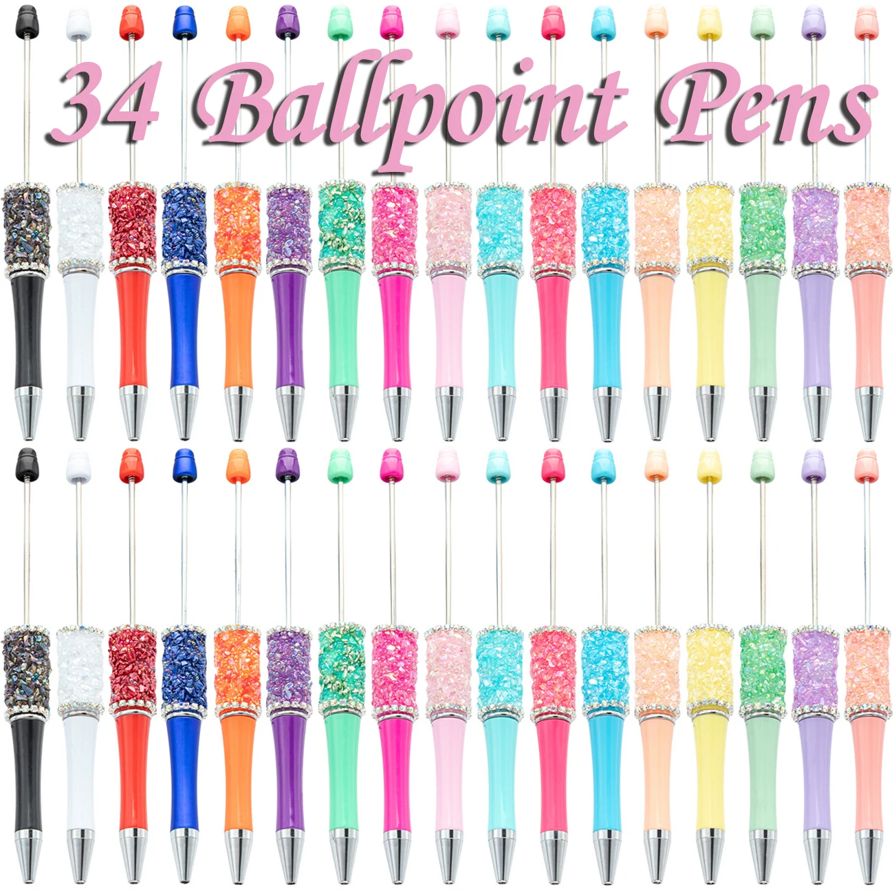 

34Pcs Crystal Crushed DiamondsBead Pen Wholesale Creative DIY Handmade Sticker Set Diamond Beaded Ballpoint Pens