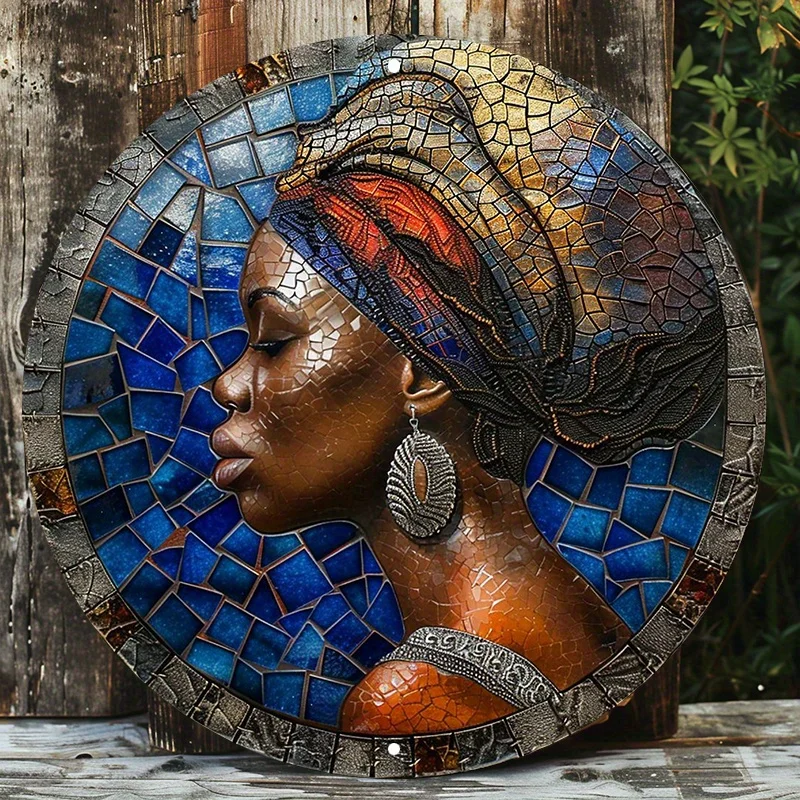 

African Women Mosaic Metal Wall Art Decor, Round Aluminum Sign, Pre-Drilled, HD Print Quality, Outdoor and Indoor Decoration