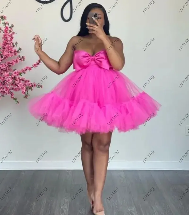 LIYYLHQ Hot Pink Short Cocktail Party Gown Tulle Women Dresses Puffy A-line Tulle Strapless Big Bow Mini Girls Graduation Dress