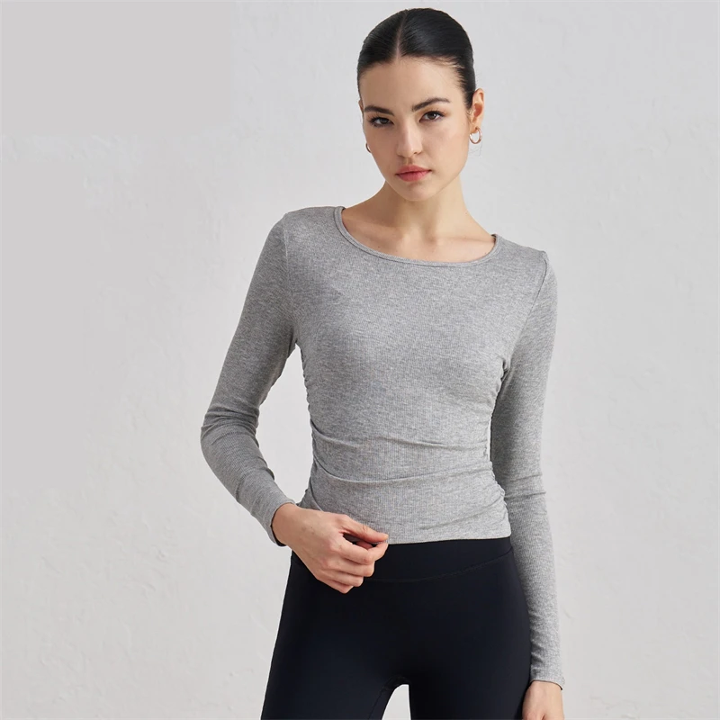

Women Rib Long Sleeves Yoga T-Shirt Gym Crew Neck Sports Top Tight Fitness Quick Drying Shirt Running Casual Clothing