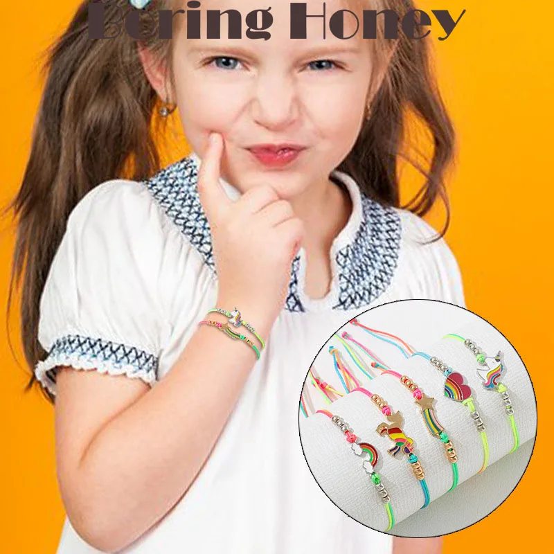 

Boring Honey New Cute Children's Braided Bracelet Fashion Cartoon Unicorn Love Five-Pointed Star Rainbow Jewelry Wholesale