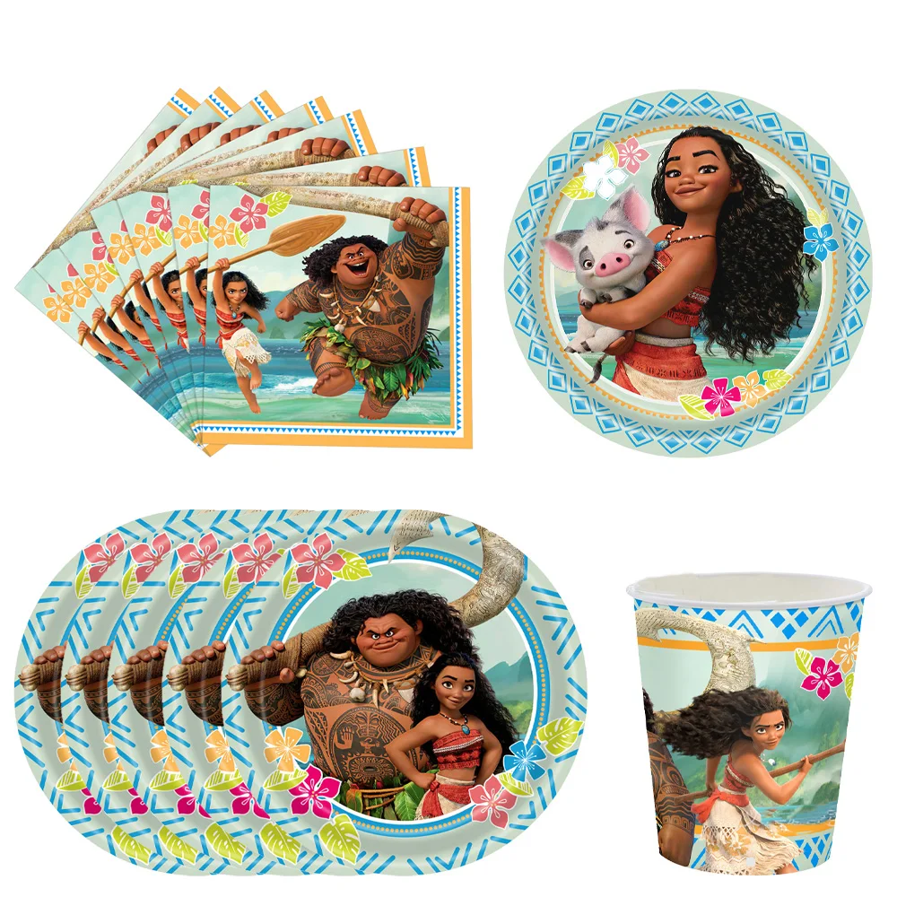 Ensemble de vaisselle de décoration d'anniversaire Disney Moana, assiettes jetables, tasses, bannières, ballons, fournitures de fête prénatale pour enfants Vaiana