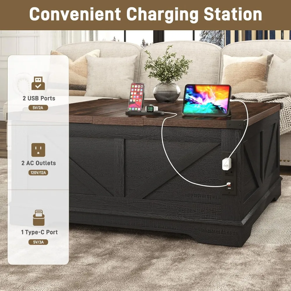 40” Large Farmhouse Lift Top Coffee Table with Power Outlets and Large Hidden Storage, Square Wood Living Room Tables, Multi-Fun