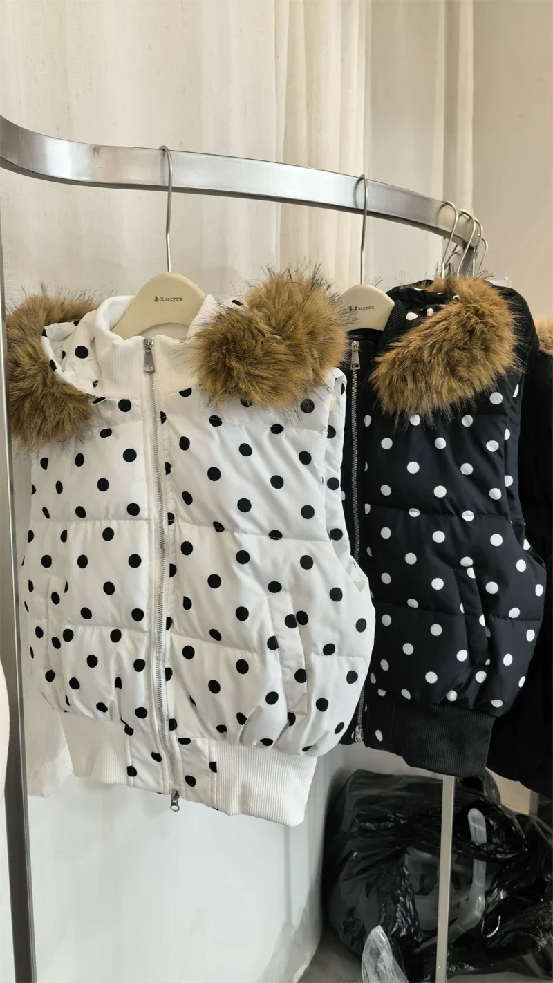 Harajuku Gothic Polka Dot Vest Jacket Fur Collar Hooded Women Fall Winter Casual Sleeveless Y2K Cotton Padded Quilted Coat Жилет