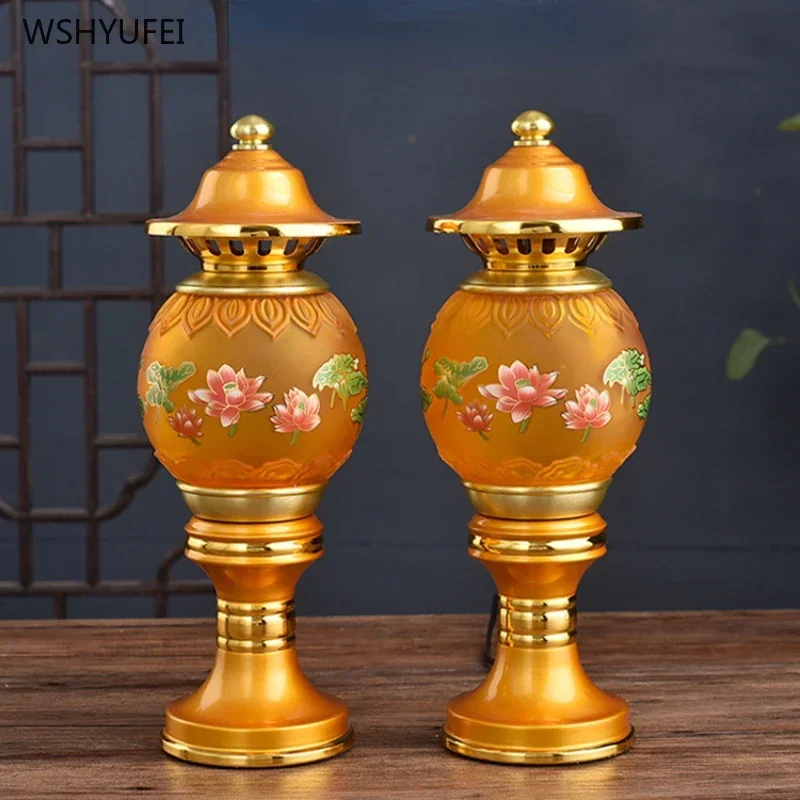 

2pcs Simulated Candlestick Glass Lotus Buddhism Auspiciousness Ensuring Safety Candlestick Home Decoration