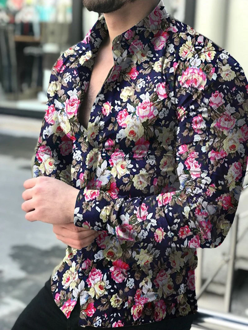 

Hawaiian Shirts Graphic Floral Shirts Men Fashion Shirt Long Sleeve Cuba Beach Blouse Men Clothing Turn Over Single Breasted