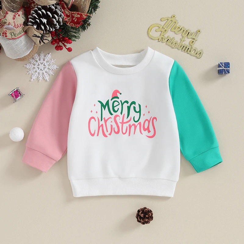 Children s Christmas Sweatshirts with Letter Print Crew Neck Contrast Color Long Sleeve Kids Pullovers for Fall - Cute