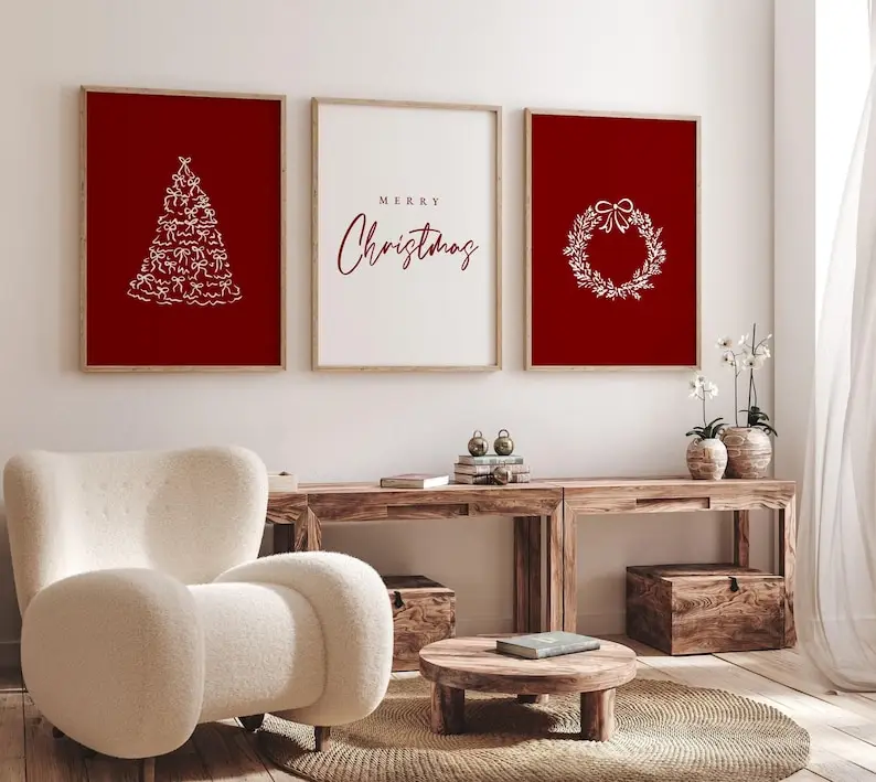 3-teiliges Set, minimalistischer Weihnachtsbaum, Frohe Weihnachten, Leinwanddruck, rote Buchstaben, Weihnachts-Wandkunst, Poster für Wohnzimmer, Heimdekoration