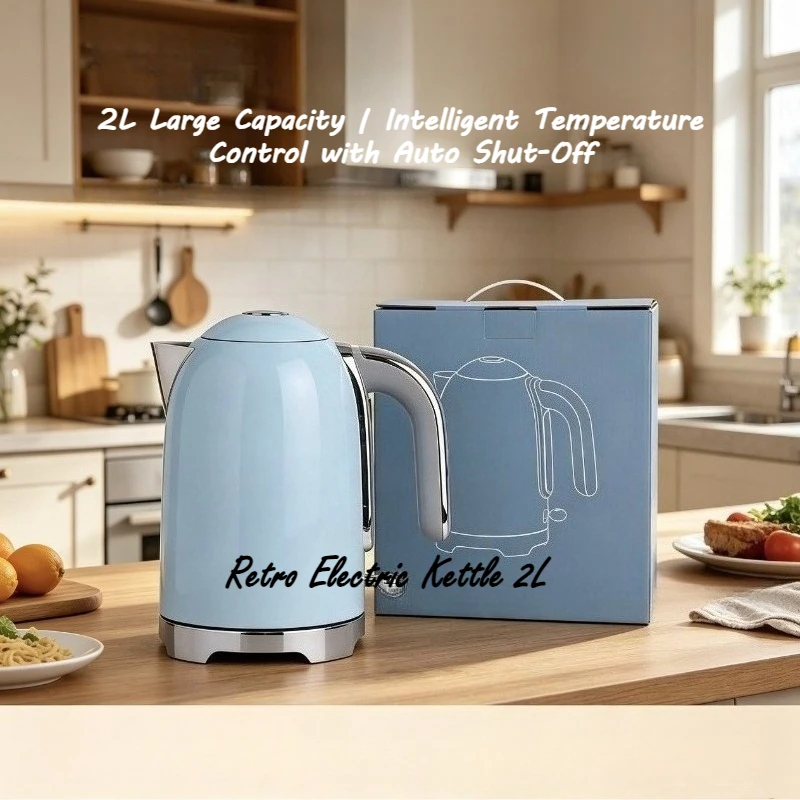 Retro Electric Kettle 2L, Food-Grade Stainless Steel Inner, Double Wall Anti-Scald, Auto Shut-Off Water Boiler