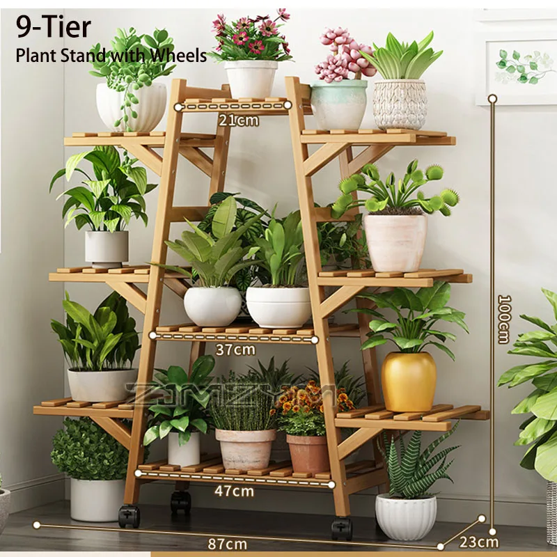 Multi Tier Rolling Bamboo Plant Stand Thickened Flower Pot Shelf Indoor Outdoor Plant Display Stand forLiving Room Balcony Patio view 6