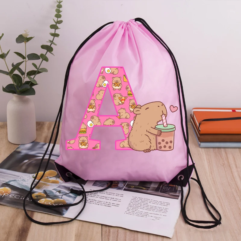 Capibara Girls Drawstring Backpack New Cute Capybara Letter A-Z Storage Bag Kids Outdoor Sport Travel Rucksack Children Gifts