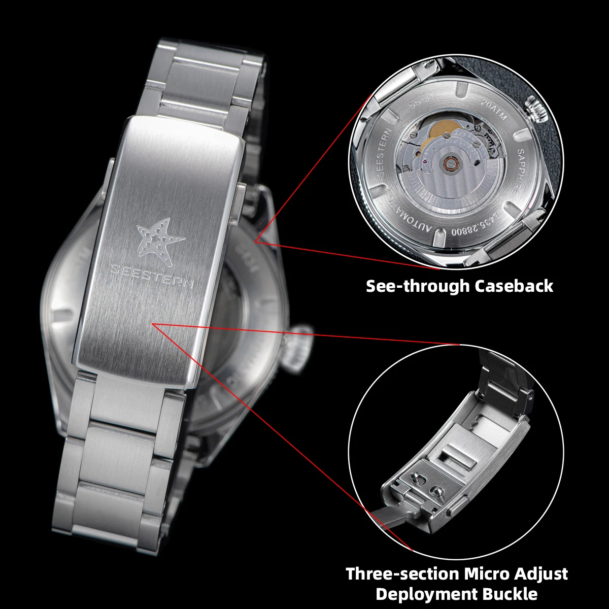 SEESTERN-reloj de buceo para hombre, pulsera mecánica automática, movimiento Seagul ST2130, 20bar, resistente al agua, cristal cúpula luminoso