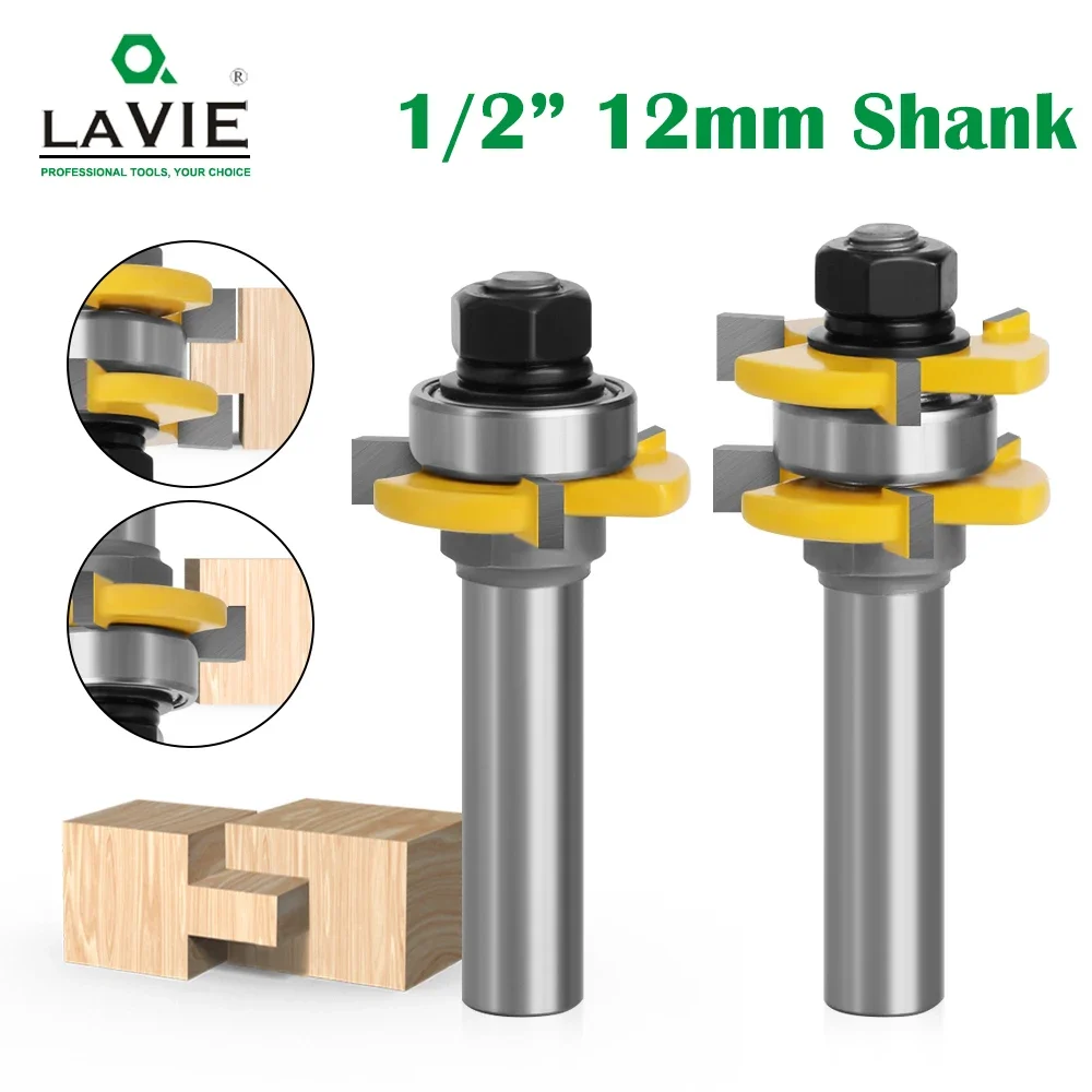 LAVIE 12.7mm & 12mm Shank 3-Wing T-Slot Tongue And Groove Router Bit, Bearing Guided Milling Cutter For Woodworking
