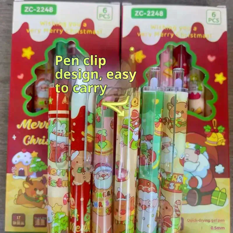 

6Pcs Cute Christmas Cartoon Pocket Pens Black Ink Quick Dry Neutral Writing Pens for Students Kids School Stationery Supplies
