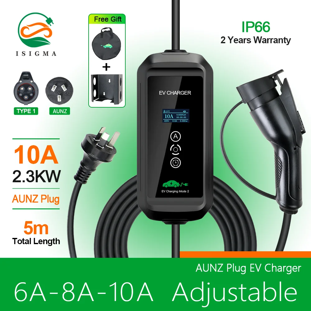 Isigma SAE J1772 Type1/Type2  EV Charger EVSE Car Home Charging Portable 6/8/10A Adjustable AU NZ plug Use for Charge Plug IP 67