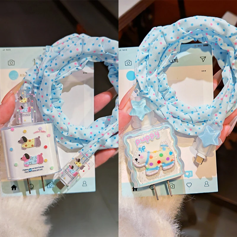 لطيف الحيوان جرو كابل الشاحن اللفاف الغطاء الواقي أطقم آيفون 18 واط 20 واط شاحن مكافحة كسر سلك لدغات قذيفة