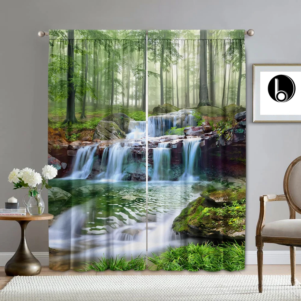 2PC Home Decoration Curtains, Waterfall Beach Scenery, Modern Printed Curtain With Pole Bag, Kitchen, Coffee Shop, Living Room