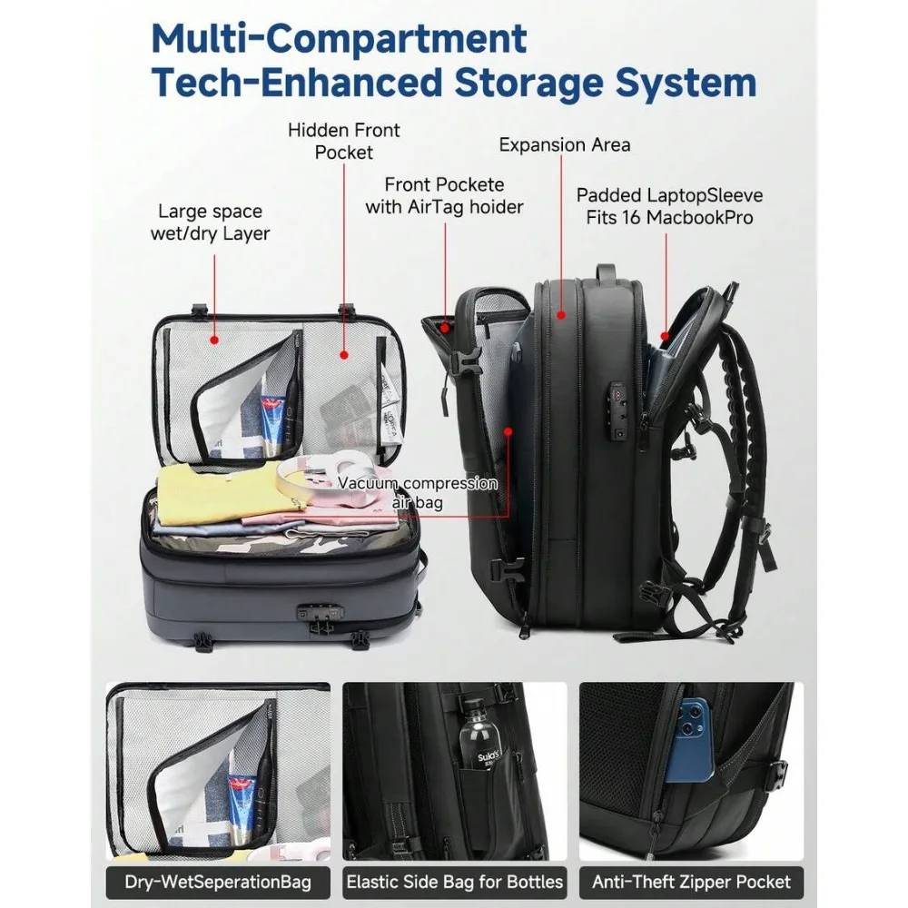 One-Click Expandable Vacuum Compression Backpack 60L with TSA Lock Fits 17 Inch Laptop Lightweight Durable Carry On Travel Camping Hiking Weekend Bag for Men Women Airline Approved view 4