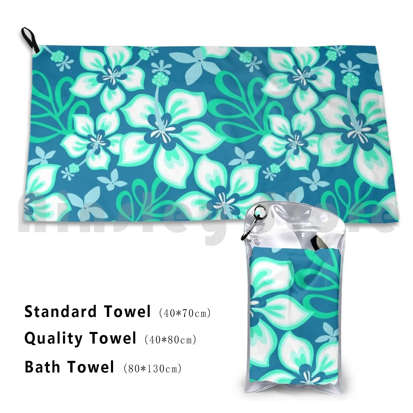 Aqua And White Hawaiian Hibiscus Flower Bloom Pattern On Blue Custom Towel Bath Towel Botanical Leaf Leaves