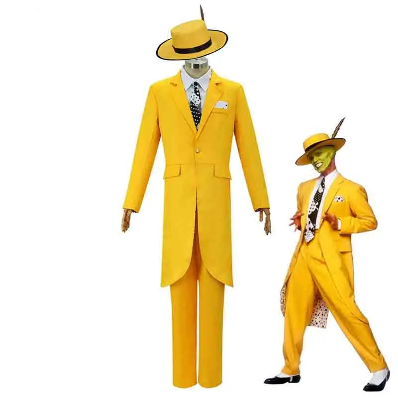 

Movie The Mask Cosplay Costume Jim Carry Cosplay Yellow Uniform Carnival Party Suit Hat Green Mask Halloween Clown Props Outfit