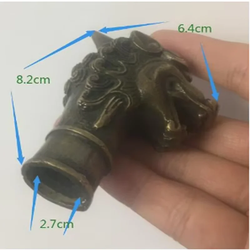 One Horned Dragon Head bronze Statue Crutch Head 8.2cm