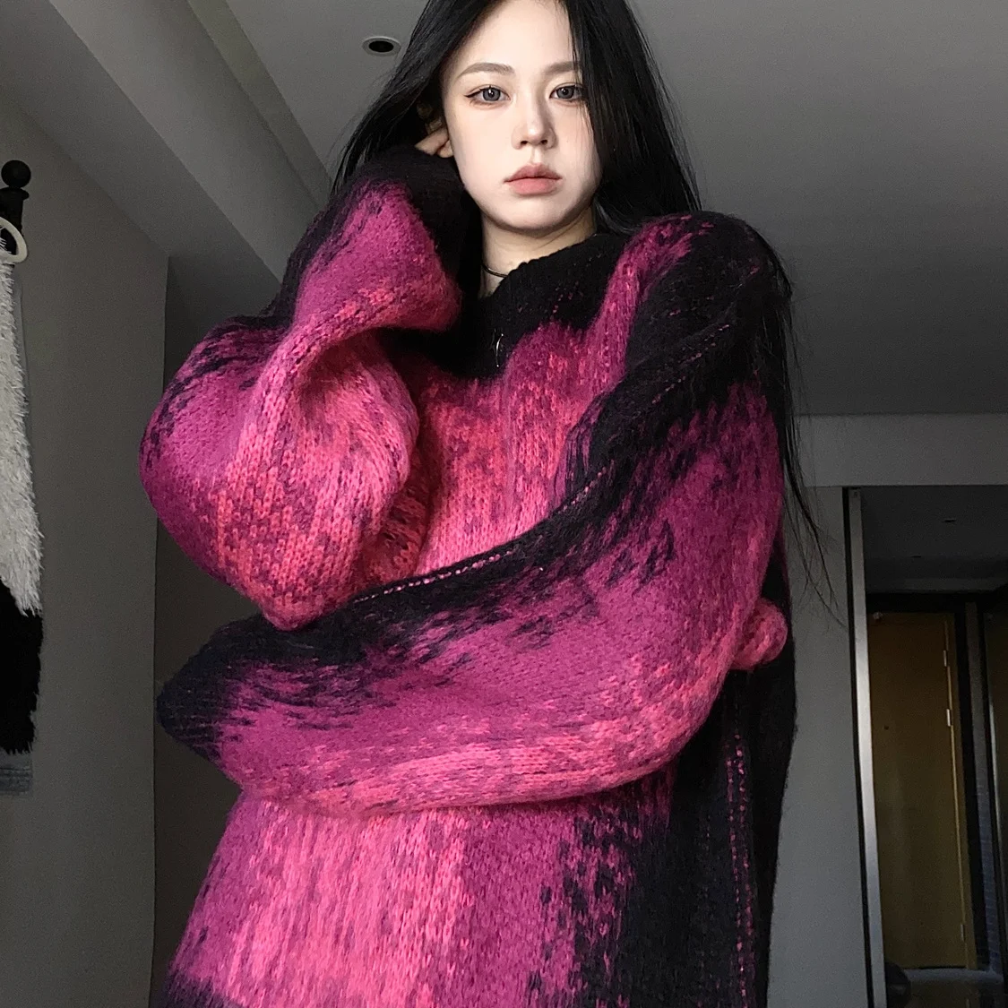 

Tie Dye Sweater Women's Ombre Color Heavyweight Pullover Y2K Streetwear Winter Top