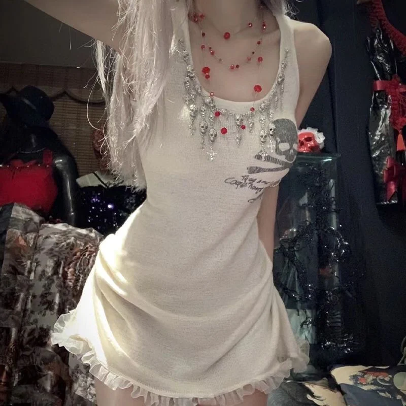 Dulce gótico Sle leche blanco Correa Dr esqueleto cabeza cintura ceñida novedad de verano llegada mujer Faion A-Line Dr