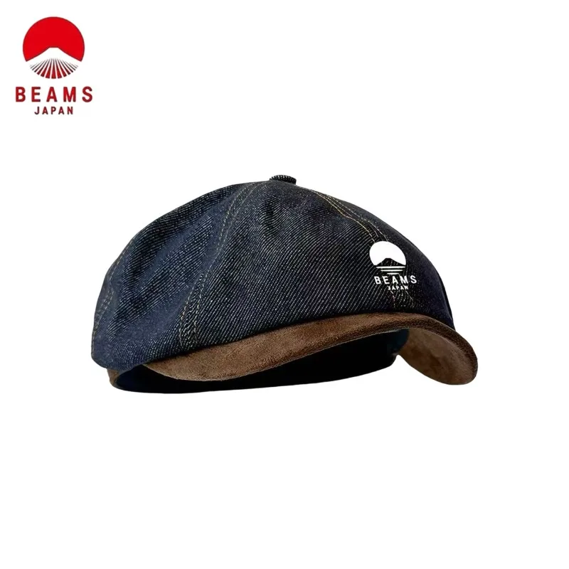 BEAMS Vintage Washed Spliced Denim Hat, Japanese‑Style Artistic Painter Cap, Large Brim Casual Outdoor Sun Hat for Women