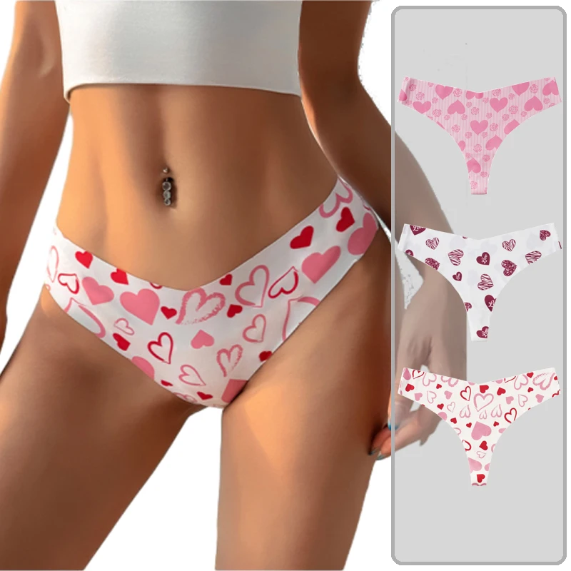 Women Seamless Lingerie Ice Silk Thong Ultra-thin Heart-shaped Print Low Waist T-pants Sports G-String Breathable Underwear