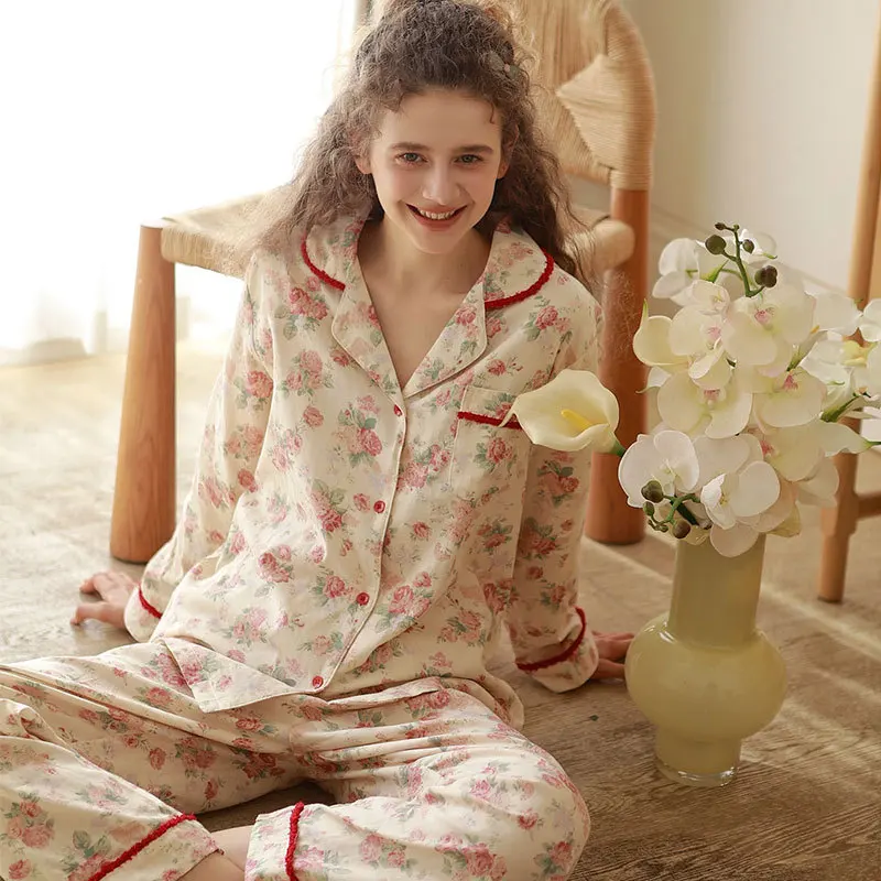 

Women Sweet Floral Full Sleeves Pajamas Autumn Two-Pieces Cotton Pyjamas Casual Long Pants Turn-Down Collar PYJS Sleepwear New