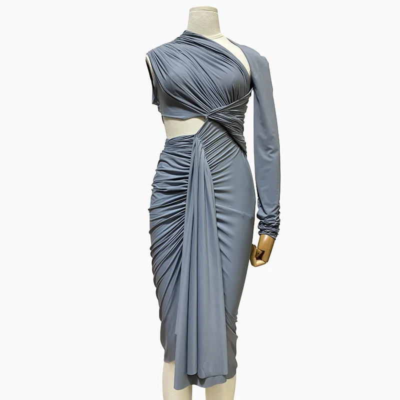 

High Street Rick Office Lady Folds Dresses Slim Fit Sheath Dress Fashion Birthday Dress for Women Party High Quality Dress