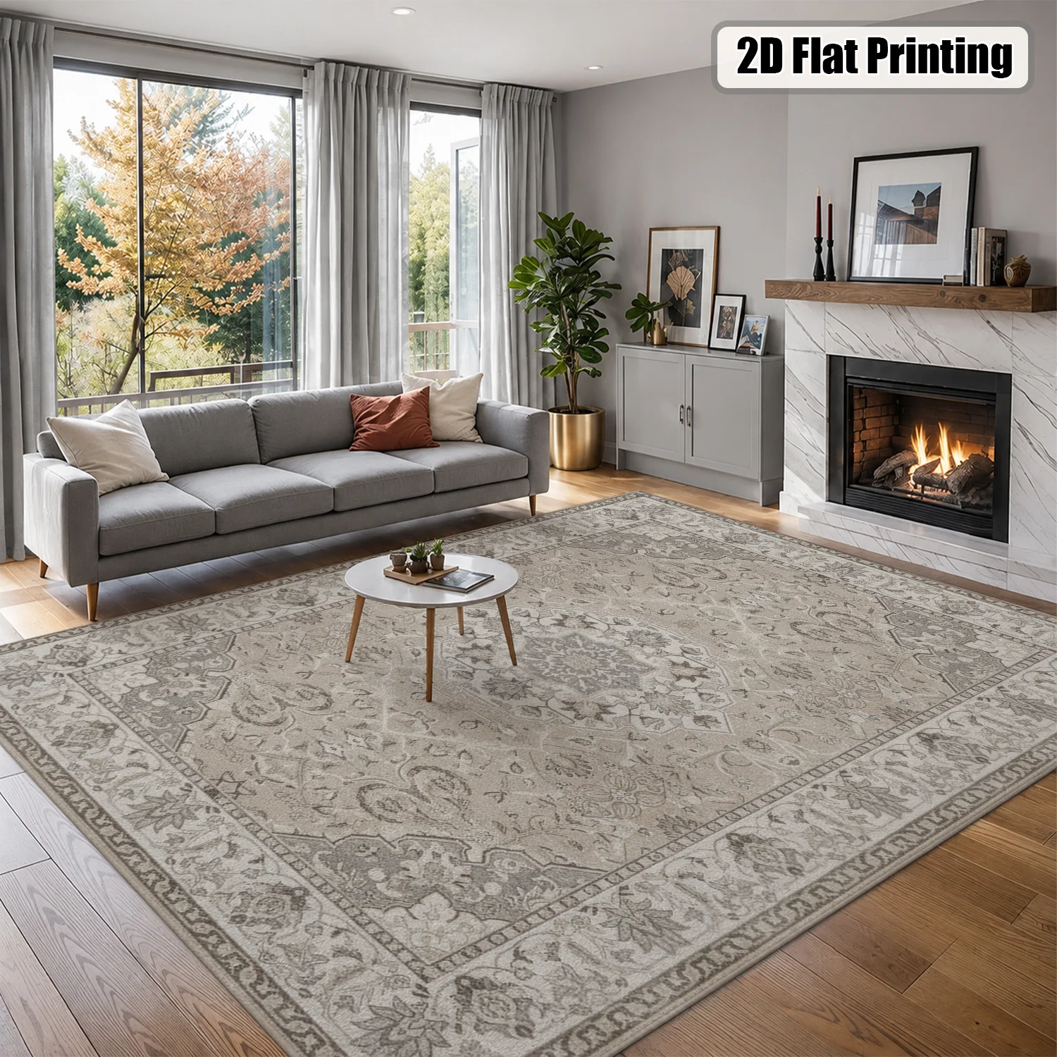 Large Indoor Area Rug, Soft Velvet Low Pile, Non-slip Dotted Backing, Machine Washable Vintage Persian Medallion Rug in Neutral Gray Beige for Living Room, Bedroom Home Decor - view 4