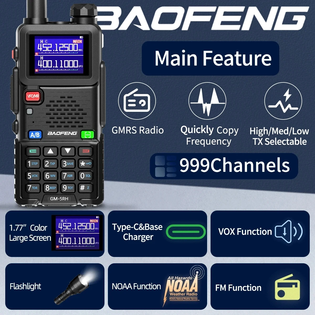 Baofeng GM-5RH GMRS Walkie Talkie Wirless Copy Frequency  NOAA Type-C Charger Upgraded UV-5R Transceiver Ham Two Way Radio UV-K5