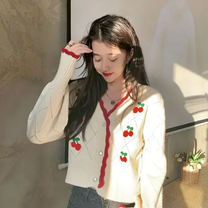 Fashion Cherry Embroidery Cute Cropped Cardigan Fall 20210 Women Clothing Black White Oversized Tops Loose Button Knit Sweater