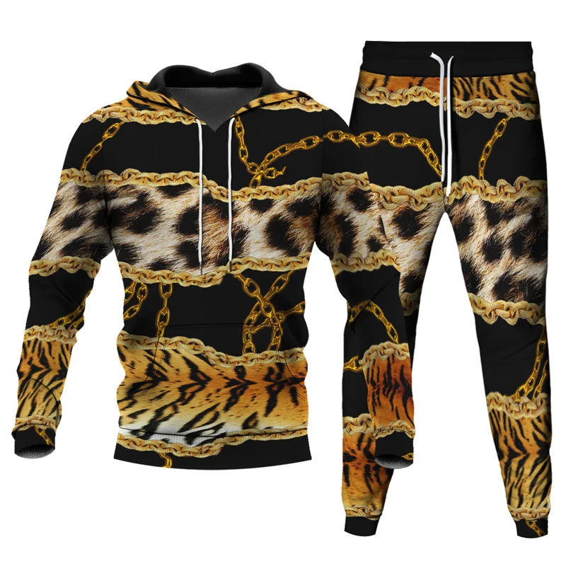 Mens Hoodies+Pants 2pcs Sets Tracksuits Retro Harajuku Chain Flower Animal Leopard Snake Pattern 3D Print Clothes Suit Oversized