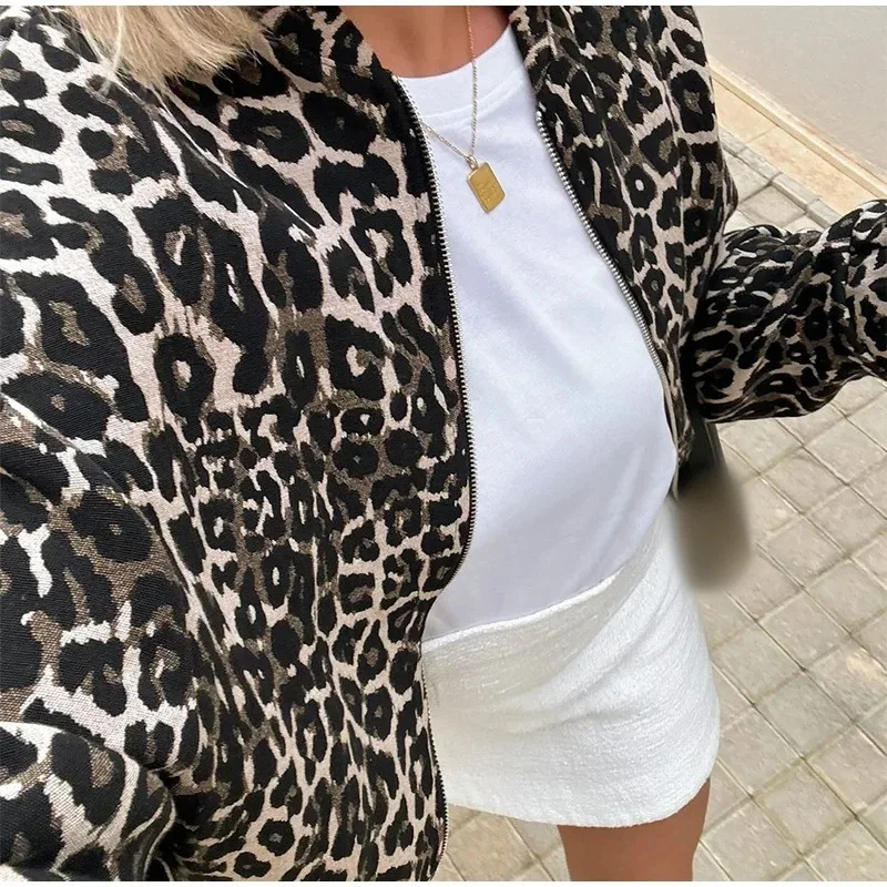 Vintage Leopard Print Zipper Bomber Jacket Women Autumn Winter Long Sleeved Street Casual Outerwears Fashion Female Loose Coats