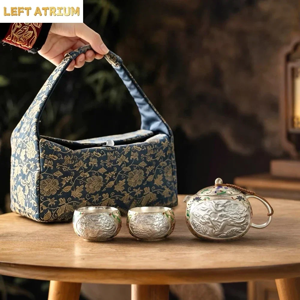 Hand-plated 999 Silver Dragon and Phoenix Xishi Pot Travel TeaSet 1 Pot 2 Cups, Holiday Gifts for Elders, Leaders and Teachers