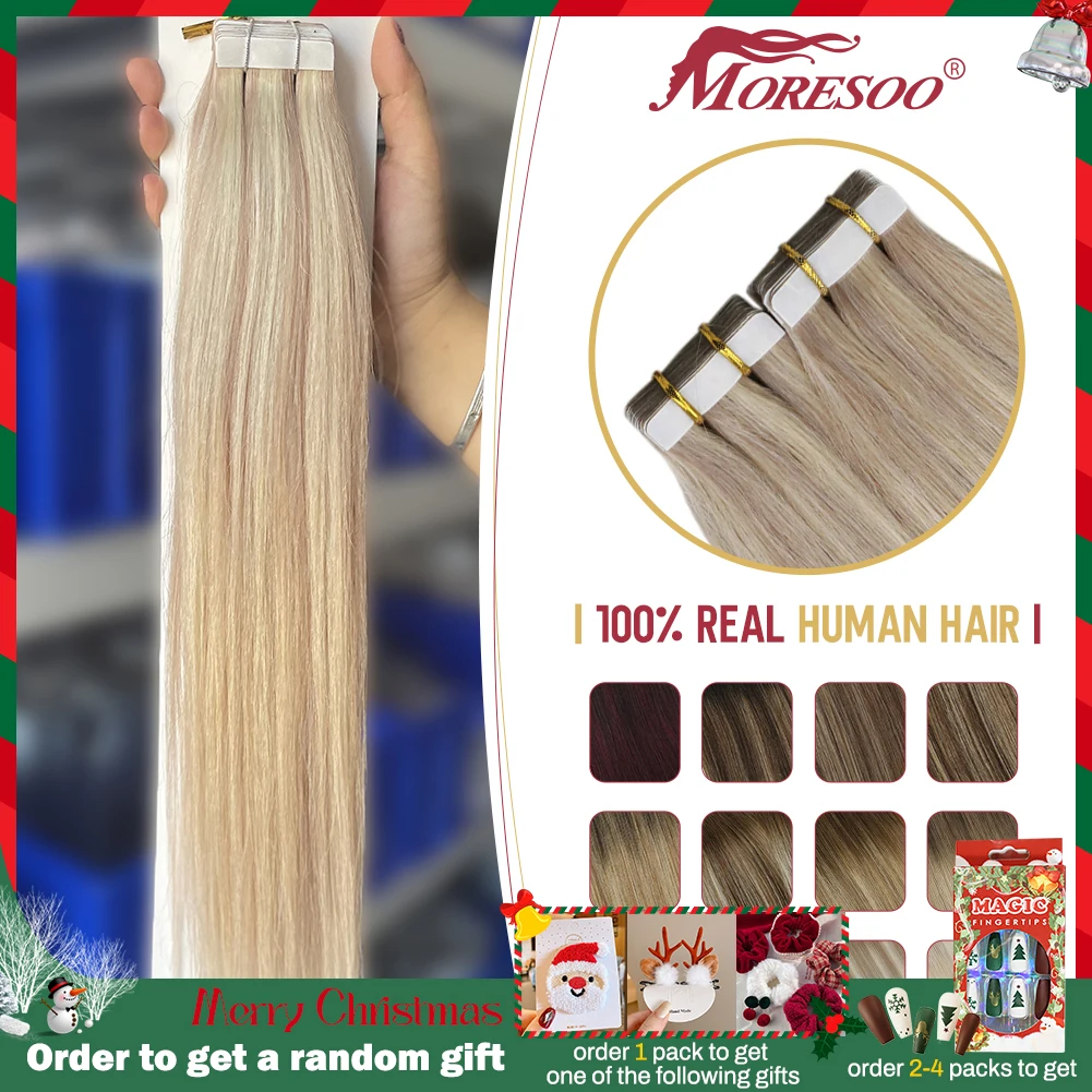 Moresoo-extensiones de cabello humano Remy, cabello liso y sedoso, rubio ceniza, cinta 100% Real extensiones de cabello humano cabello humano