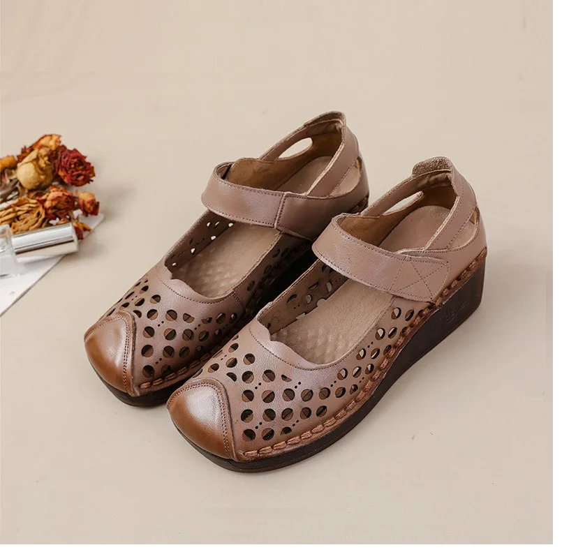 Woman genuine leather sandals leisure ladies summer hole suitable flats sandalias verano mujer 2024 de lujo