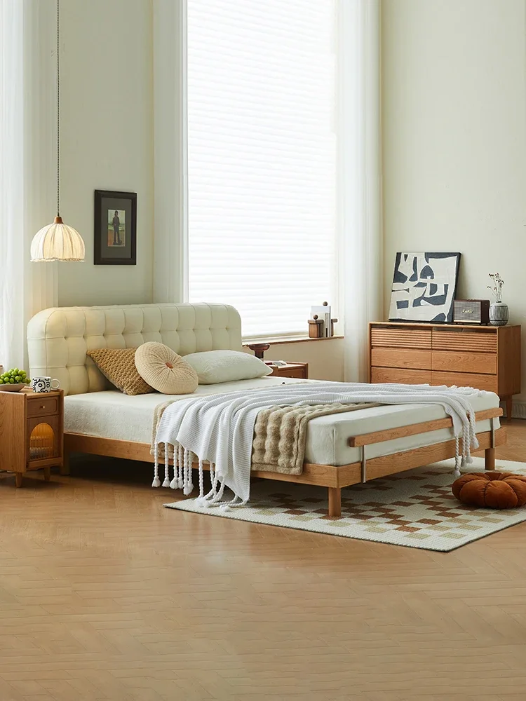 

-Nordic Style White Black Cherry Wood Furniture king and Queen Size Technology High Back Cloth Solid Wood Bed Frame