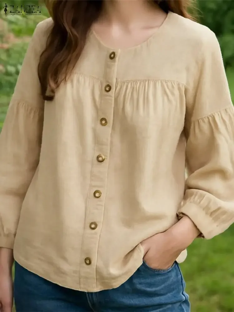 

ZANZEA Autumn Fashion Shirts Women Long Sleeve Tunic Tops Lantern Sleeve Solid Button Elegant Blouse Loose Vintage Blusas Street