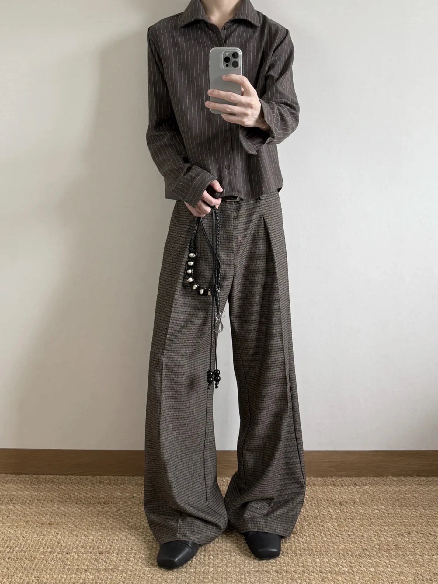 

Casual Men's Plaid A-Line Pleated Wide Leg Long Pants Spring Season Youth Trendy Sle Brand Unregistered Straight Tube pe