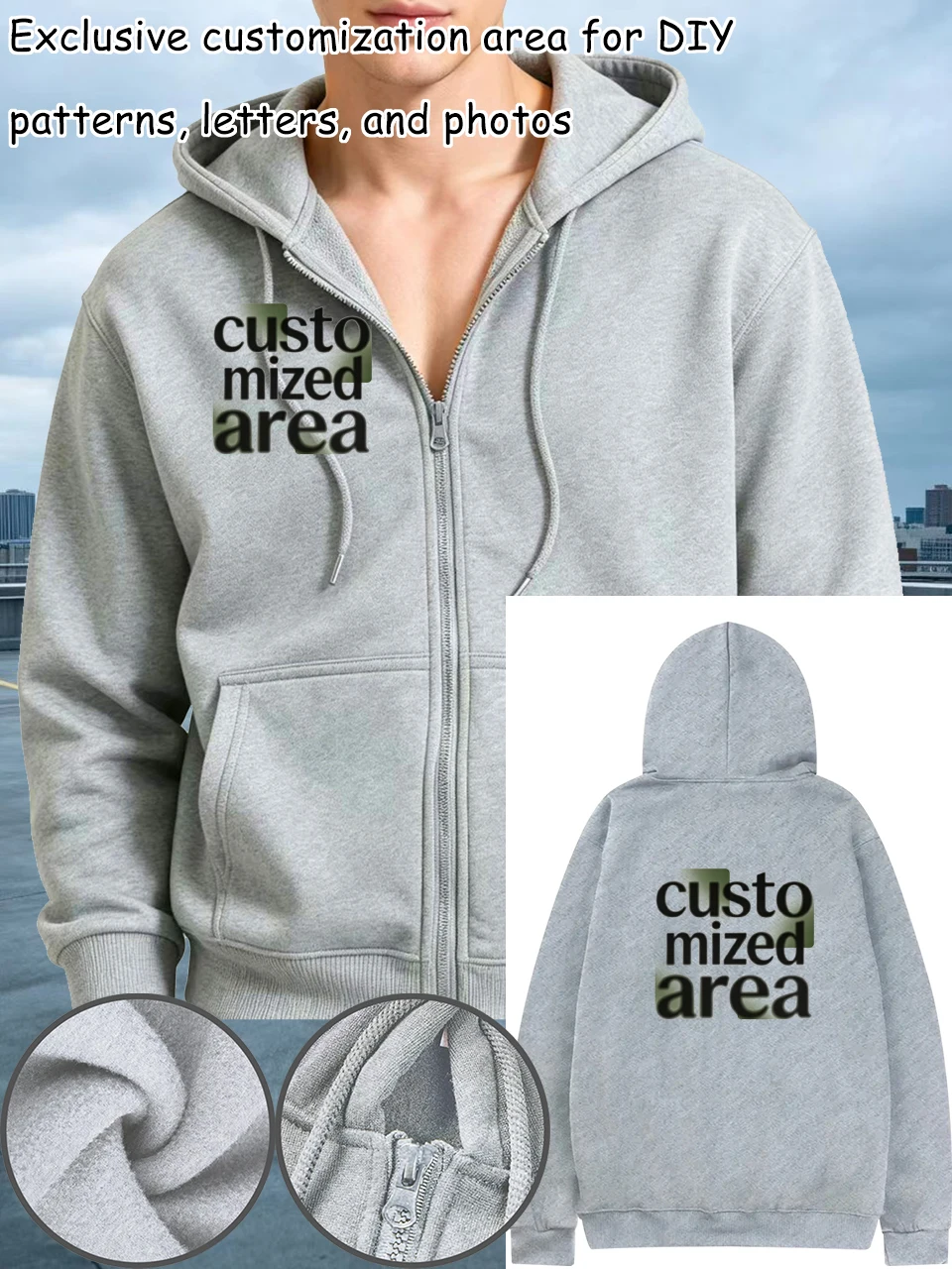 Men's Customized Zipper Hoodie - Supports adding your favorite pictures/logos/icons and names for personalized customization