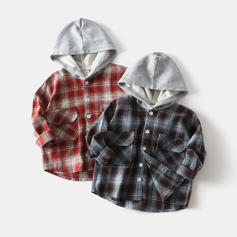 New Spring and Autumn Boys Hooded Shirt Girls 2-8Years Old Classic Woolen Children Checkered Shirt Student Versatile Shirt