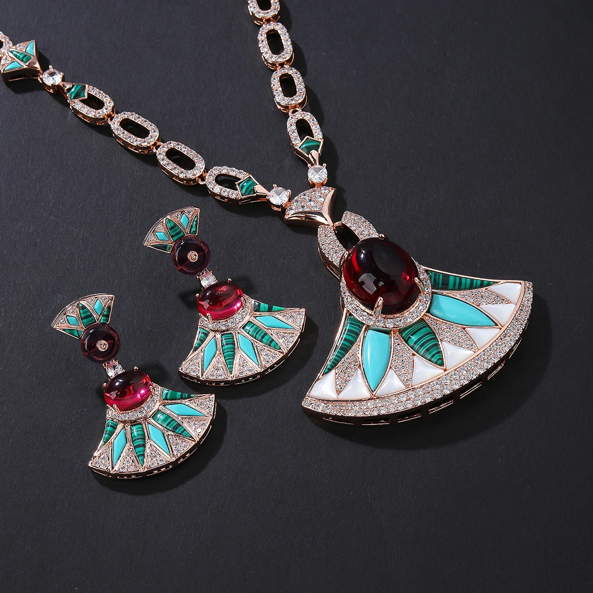 Luxury Elegant Long Cubic Zirconia  Enamel fan-shaped Pendant Design Necklace Earrings Set Lady Party Accessories CN11562