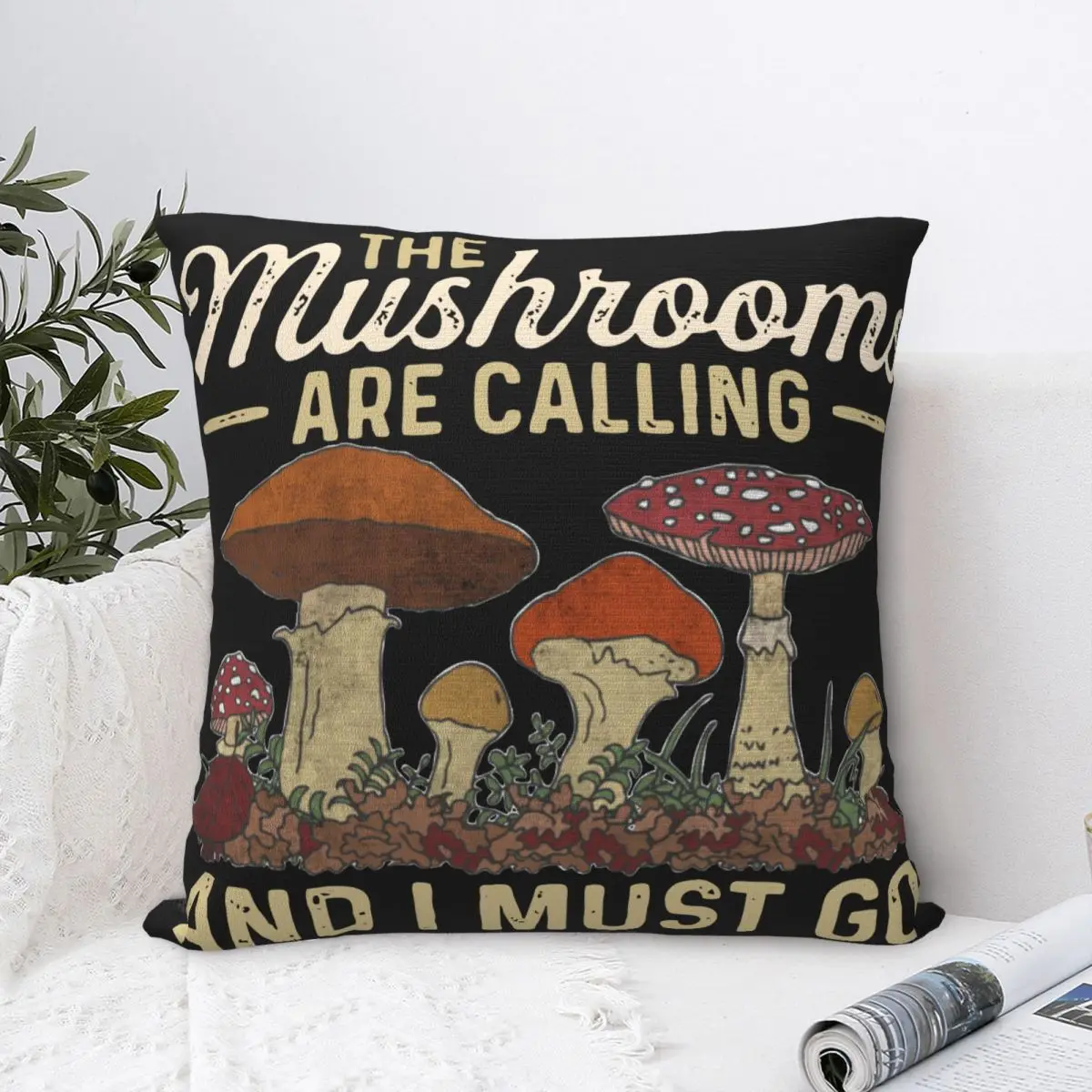 Mushrooms Are Calling And I Must Go Mushroom Hunting Pillow Cases Cottagecore Cushion Covers Decor Pillowcase for Sofa 40*40cm