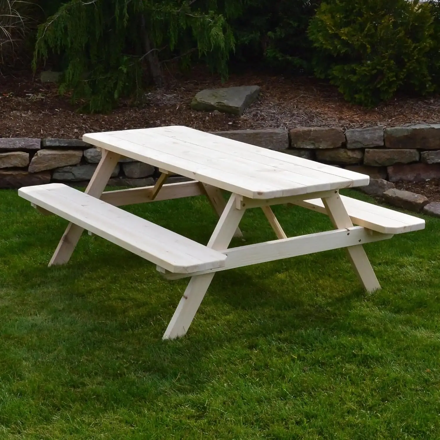 Spruce Wooden Picnic Table with Attached Benches Outdoor Patio 4-Foot White Stain, Customized