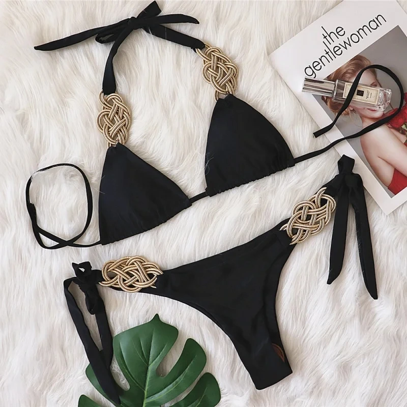 Bikini Solid Color Two-Piece Swimsuit Sexy Hand-Woven Women's Swimwear