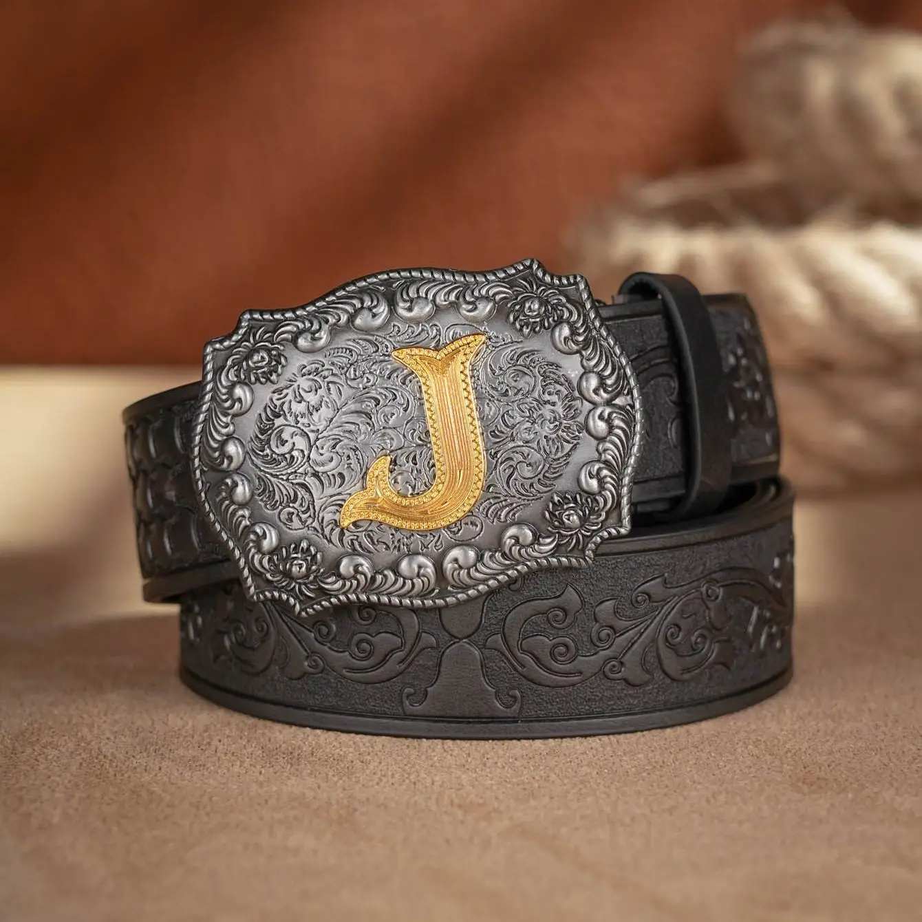 Western Cowboy PU Leather Belt - Men Waist Strap Bull Decoration Floral Engraved for Jeans